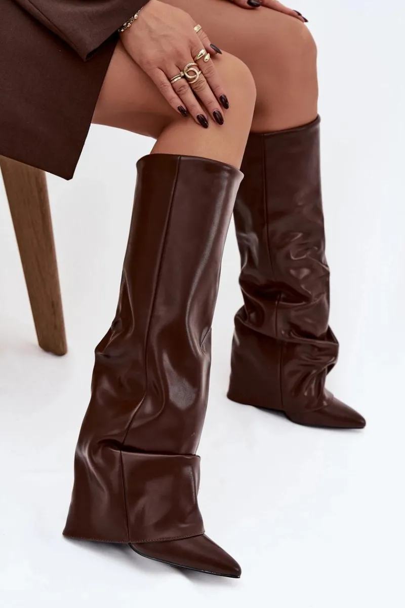 Kozaki Ocieplane|Kozaki Na Słupku>Boto Ocieplane Kozaki Damskie Z Wywiniętą Cholewką Na Słupku Czekoladowe Elivira Brązowy