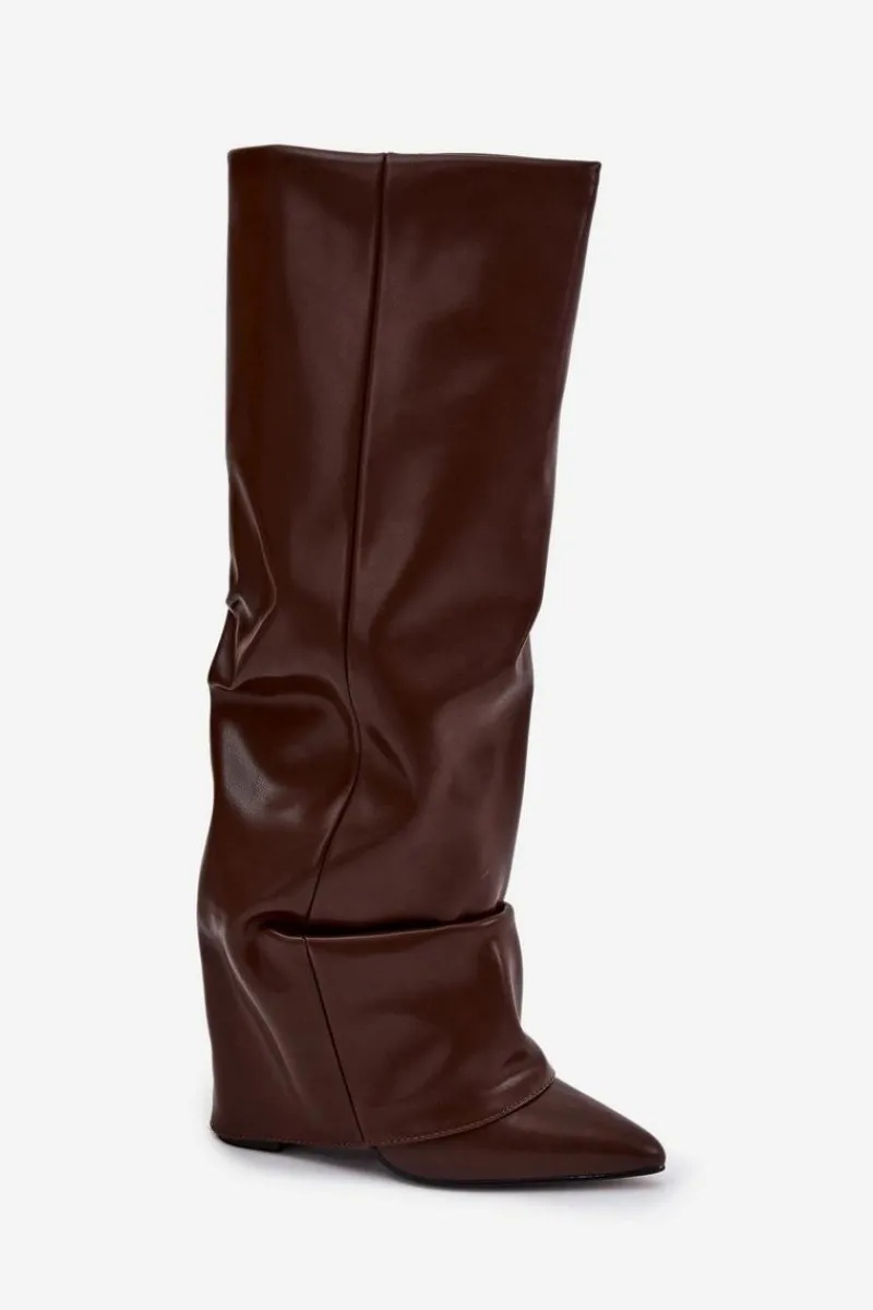 Kozaki Ocieplane|Kozaki Na Słupku>Boto Ocieplane Kozaki Damskie Z Wywiniętą Cholewką Na Słupku Czekoladowe Elivira Brązowy