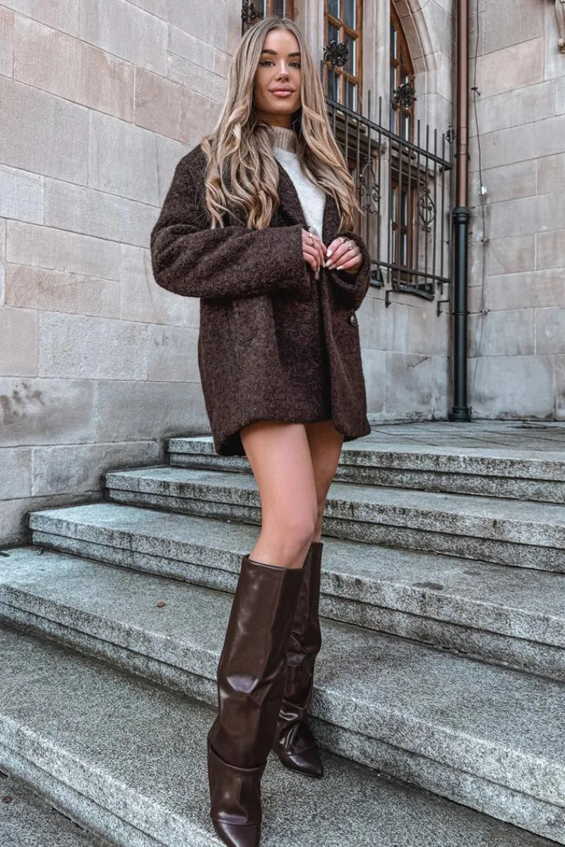 Kozaki Ocieplane|Kozaki Na Słupku>Boto Ocieplane Kozaki Damskie Z Wywiniętą Cholewką Na Słupku Czekoladowe Elivira Brązowy