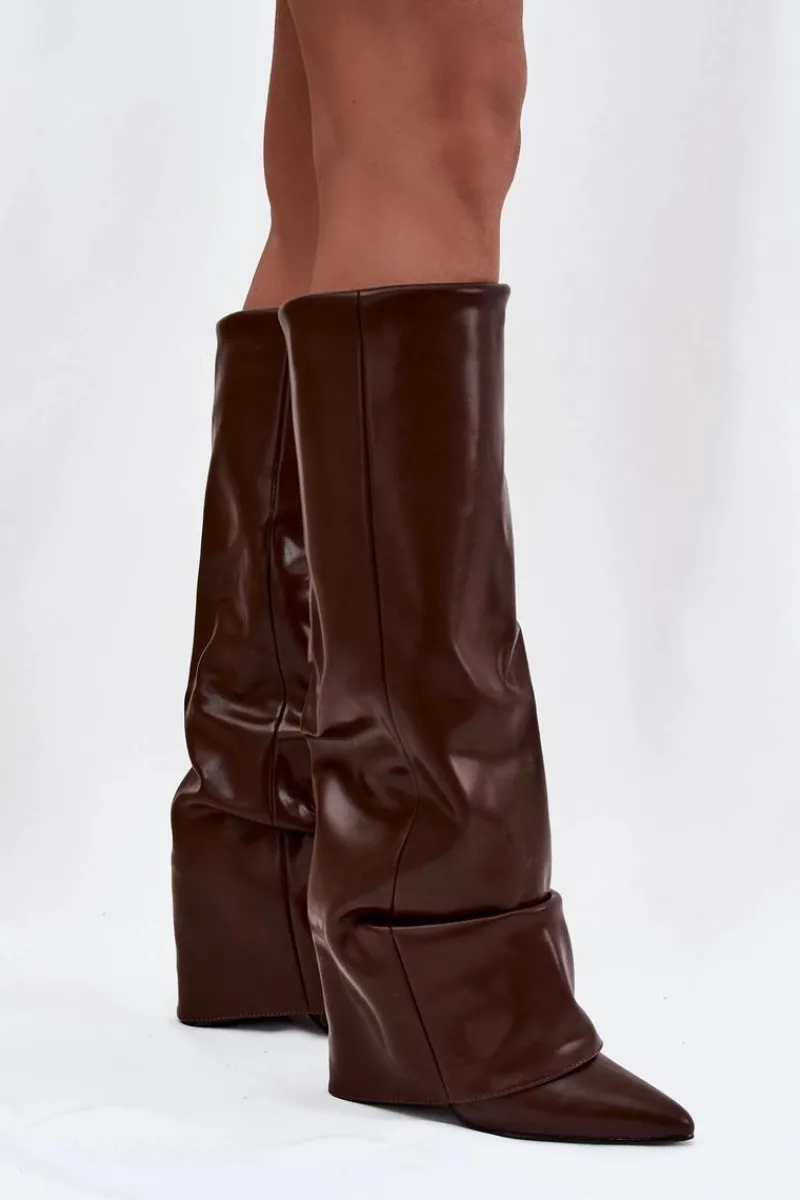 Kozaki Ocieplane|Kozaki Na Słupku>Boto Ocieplane Kozaki Damskie Z Wywiniętą Cholewką Na Słupku Czekoladowe Elivira Brązowy