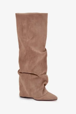 Best Ocieplane Kozaki Damskie Z Wywiniętą Cholewką Na Słupku Eko Zamszowe Beżowe Elivira Damskie Kozaki Ocieplane|Kozaki Na Słupku