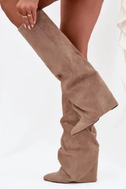 Best Ocieplane Kozaki Damskie Z Wywiniętą Cholewką Na Słupku Eko Zamszowe Beżowe Elivira Damskie Kozaki Ocieplane|Kozaki Na Słupku