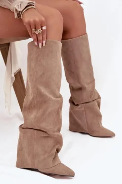 Best Ocieplane Kozaki Damskie Z Wywiniętą Cholewką Na Słupku Eko Zamszowe Beżowe Elivira Damskie Kozaki Ocieplane|Kozaki Na Słupku