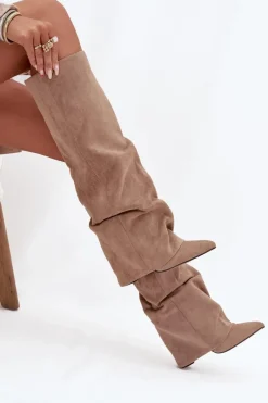 Best Ocieplane Kozaki Damskie Z Wywiniętą Cholewką Na Słupku Eko Zamszowe Beżowe Elivira Damskie Kozaki Ocieplane|Kozaki Na Słupku