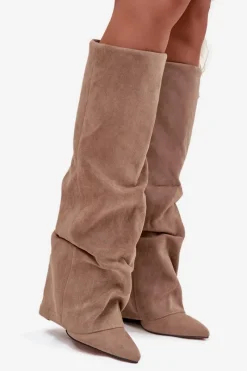 Best Ocieplane Kozaki Damskie Z Wywiniętą Cholewką Na Słupku Eko Zamszowe Beżowe Elivira Damskie Kozaki Ocieplane|Kozaki Na Słupku