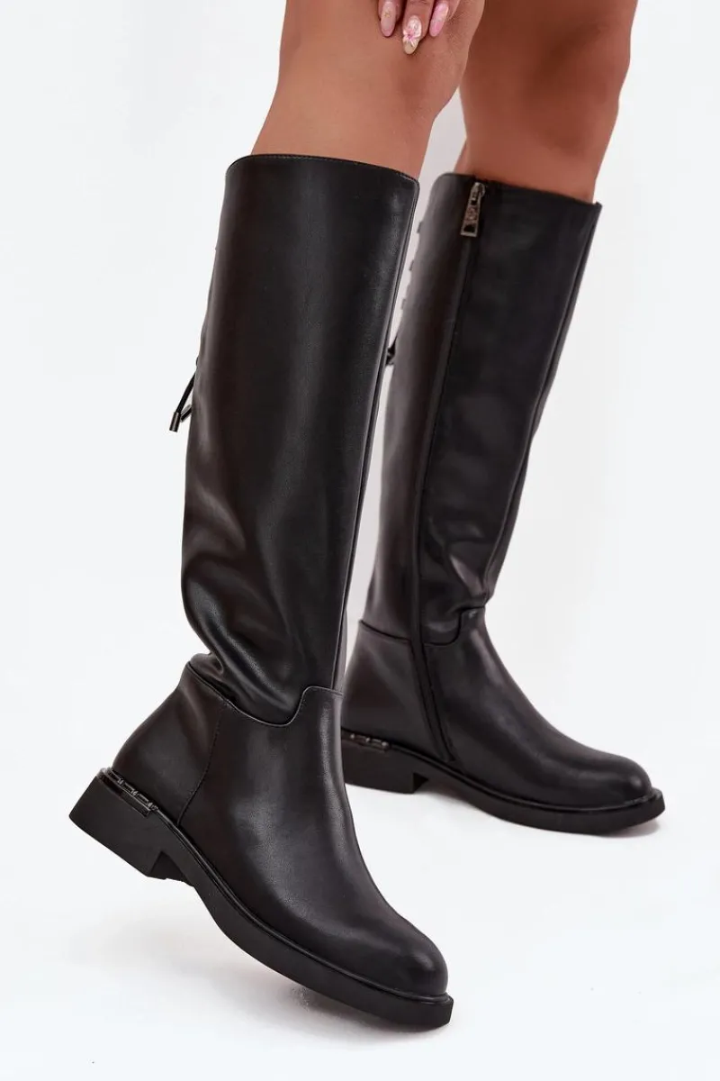 Online Ocieplane Kozaki Damskie Z Naturalnej Skóry Na Płaskim Obcasie Vinceza 66822 Czarne Damskie Kozaki Ocieplane|Muszkieterki