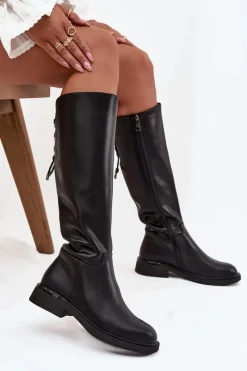 Online Ocieplane Kozaki Damskie Z Naturalnej Skóry Na Płaskim Obcasie Vinceza 66822 Czarne Damskie Kozaki Ocieplane|Muszkieterki