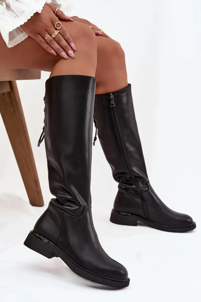 Online Ocieplane Kozaki Damskie Z Naturalnej Skóry Na Płaskim Obcasie Vinceza 66822 Czarne Damskie Kozaki Ocieplane|Muszkieterki