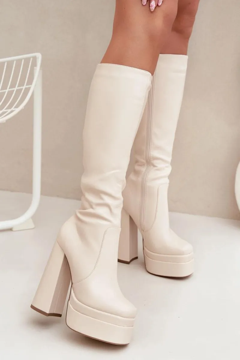 Kozaki Ocieplane|Kozaki Na Słupku>Boto Ocieplane Kozaki Damskie Na Słupku I Platformie Jasnobeżowe Lysara Beżowy