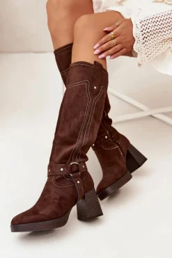 Kozaki Ocieplane|Kozaki Na Słupku>Boto Ocieplane Kozaki Damskie Na Słupku Z Przeszyciami Czekoladowe Alessara