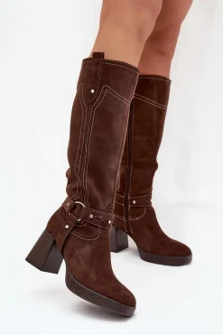 Kozaki Ocieplane|Kozaki Na Słupku>Boto Ocieplane Kozaki Damskie Na Słupku Z Przeszyciami Czekoladowe Alessara