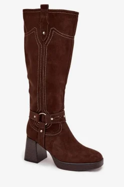 Kozaki Ocieplane|Kozaki Na Słupku></noscript>Boto Ocieplane Kozaki Damskie Na Słupku Z Przeszyciami Czekoladowe Alessara