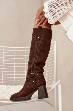 Kozaki Ocieplane|Kozaki Na Słupku></noscript>Boto Ocieplane Kozaki Damskie Na Słupku Z Przeszyciami Czekoladowe Alessara