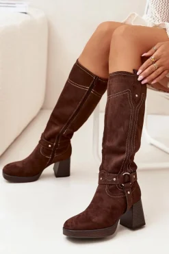 Kozaki Ocieplane|Kozaki Na Słupku></noscript>Boto Ocieplane Kozaki Damskie Na Słupku Z Przeszyciami Czekoladowe Alessara