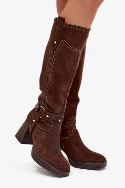 Kozaki Ocieplane|Kozaki Na Słupku></noscript>Boto Ocieplane Kozaki Damskie Na Słupku Z Przeszyciami Czekoladowe Alessara