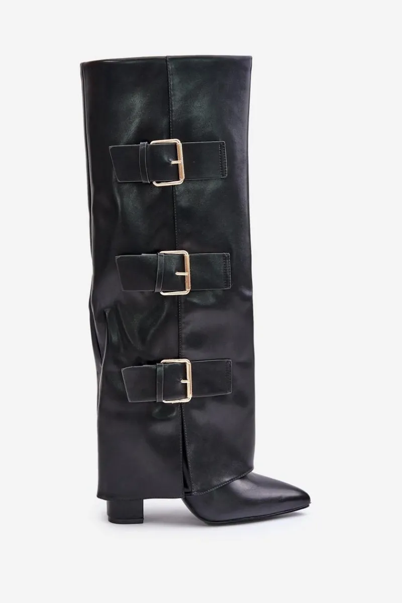 Kozaki Przed Kolano|Kozaki Na Obcasie>Boto Ocieplane Kozaki Damskie Na Słupku Z Wywiniętą Cholewką I Klamrami Czarne Piregonia