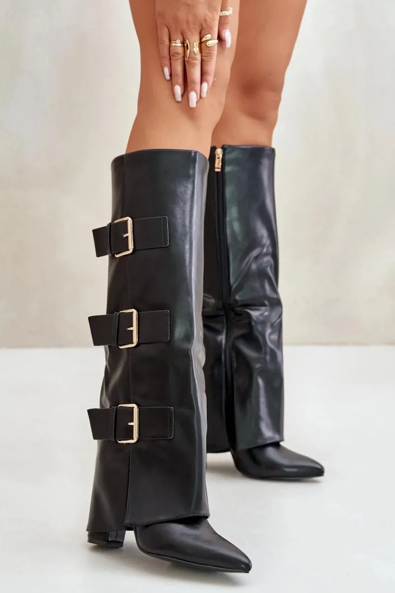 Kozaki Przed Kolano|Kozaki Na Obcasie>Boto Ocieplane Kozaki Damskie Na Słupku Z Wywiniętą Cholewką I Klamrami Czarne Piregonia