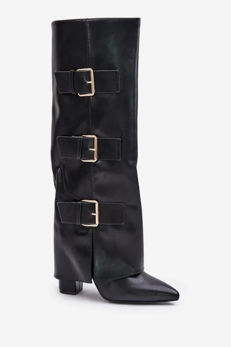 Kozaki Przed Kolano|Kozaki Na Obcasie>Boto Ocieplane Kozaki Damskie Na Słupku Z Wywiniętą Cholewką I Klamrami Czarne Piregonia