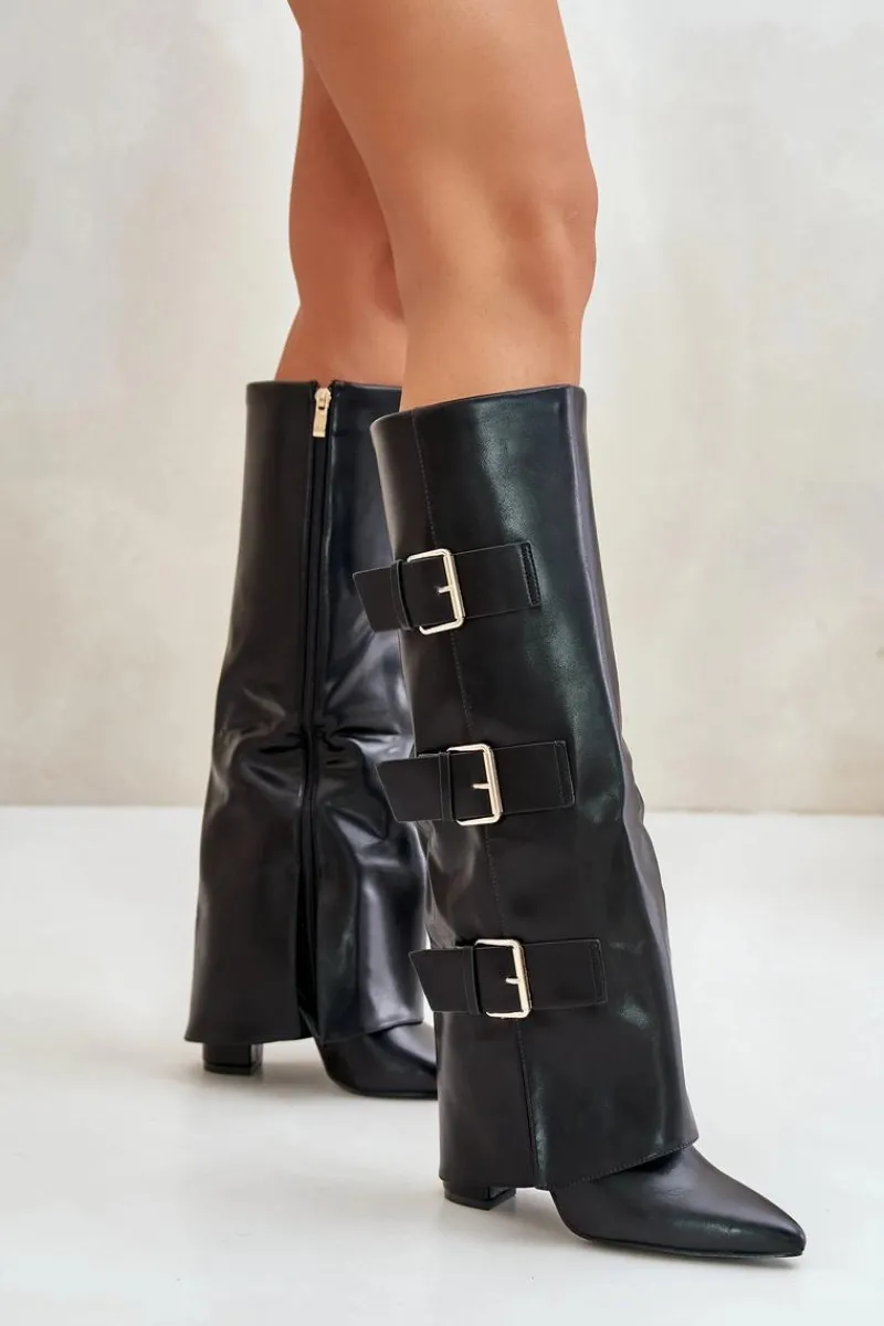 Kozaki Przed Kolano|Kozaki Na Obcasie>Boto Ocieplane Kozaki Damskie Na Słupku Z Wywiniętą Cholewką I Klamrami Czarne Piregonia