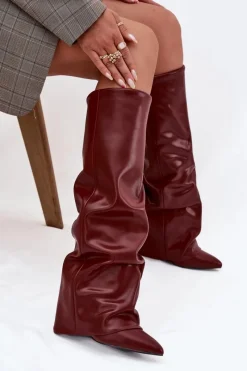 Discount Ocieplane Kozaki Damskie Z Wywiniętą Cholewką Na Słupku Bordowe Elivira Damskie Kozaki Ocieplane|Kozaki Na Słupku