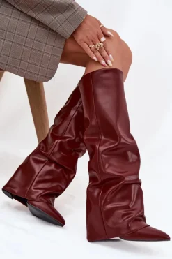 Discount Ocieplane Kozaki Damskie Z Wywiniętą Cholewką Na Słupku Bordowe Elivira Damskie Kozaki Ocieplane|Kozaki Na Słupku