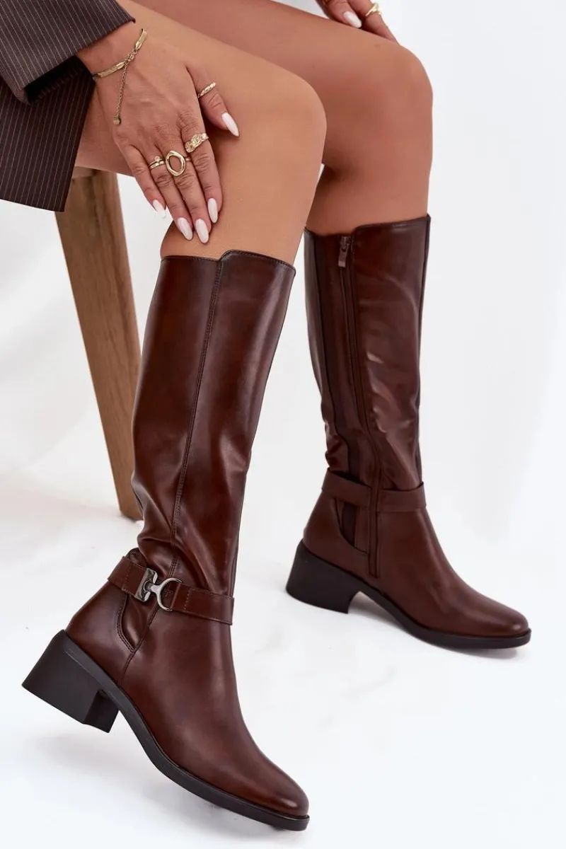 New Ocieplane Kozaki Damskie Na Klocku Z Paskiem Sergio Leone KZ25826 Brązowe Damskie Kozaki Przed Kolano|Kozaki Na Obcasie