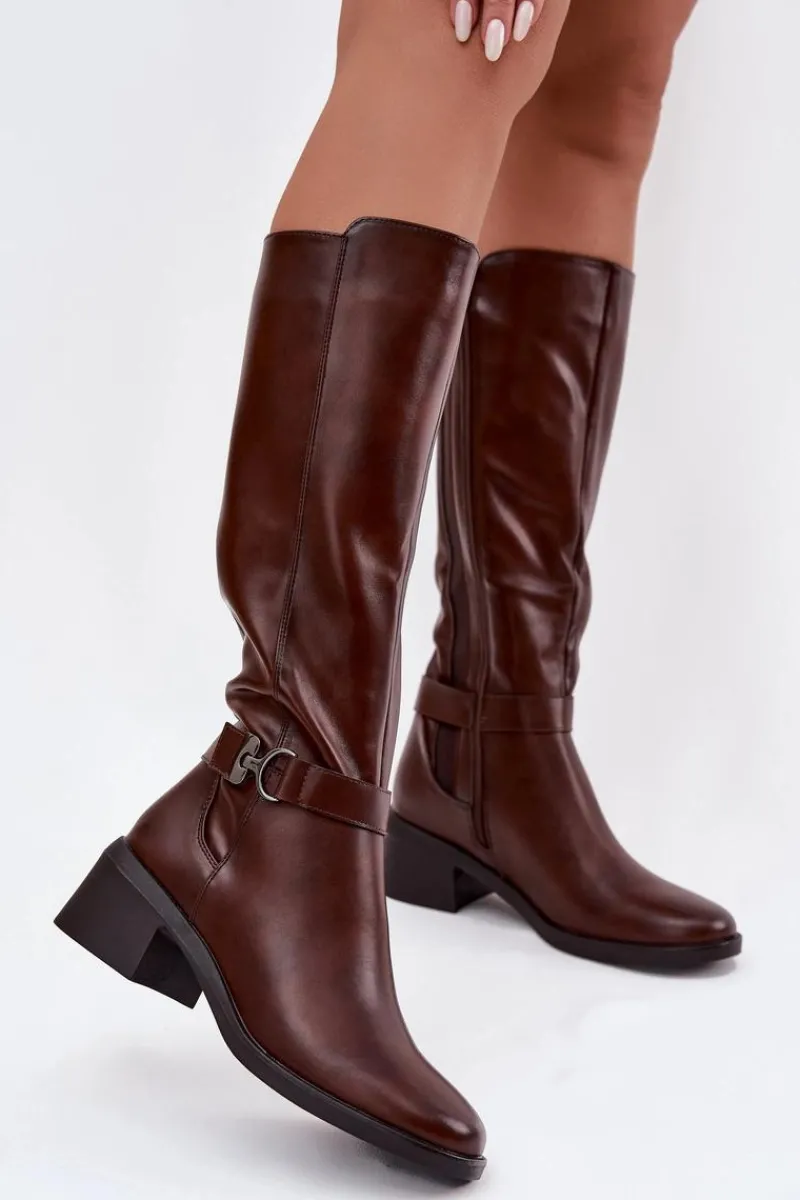 New Ocieplane Kozaki Damskie Na Klocku Z Paskiem Sergio Leone KZ25826 Brązowe Damskie Kozaki Przed Kolano|Kozaki Na Obcasie