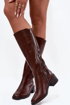 New Ocieplane Kozaki Damskie Na Klocku Z Paskiem Sergio Leone KZ25826 Brązowe Damskie Kozaki Przed Kolano|Kozaki Na Obcasie