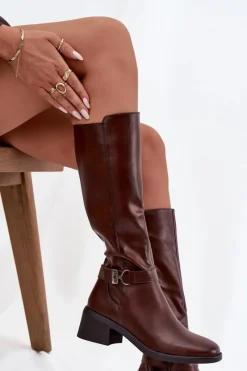 New Ocieplane Kozaki Damskie Na Klocku Z Paskiem Sergio Leone KZ25826 Brązowe Damskie Kozaki Przed Kolano|Kozaki Na Obcasie