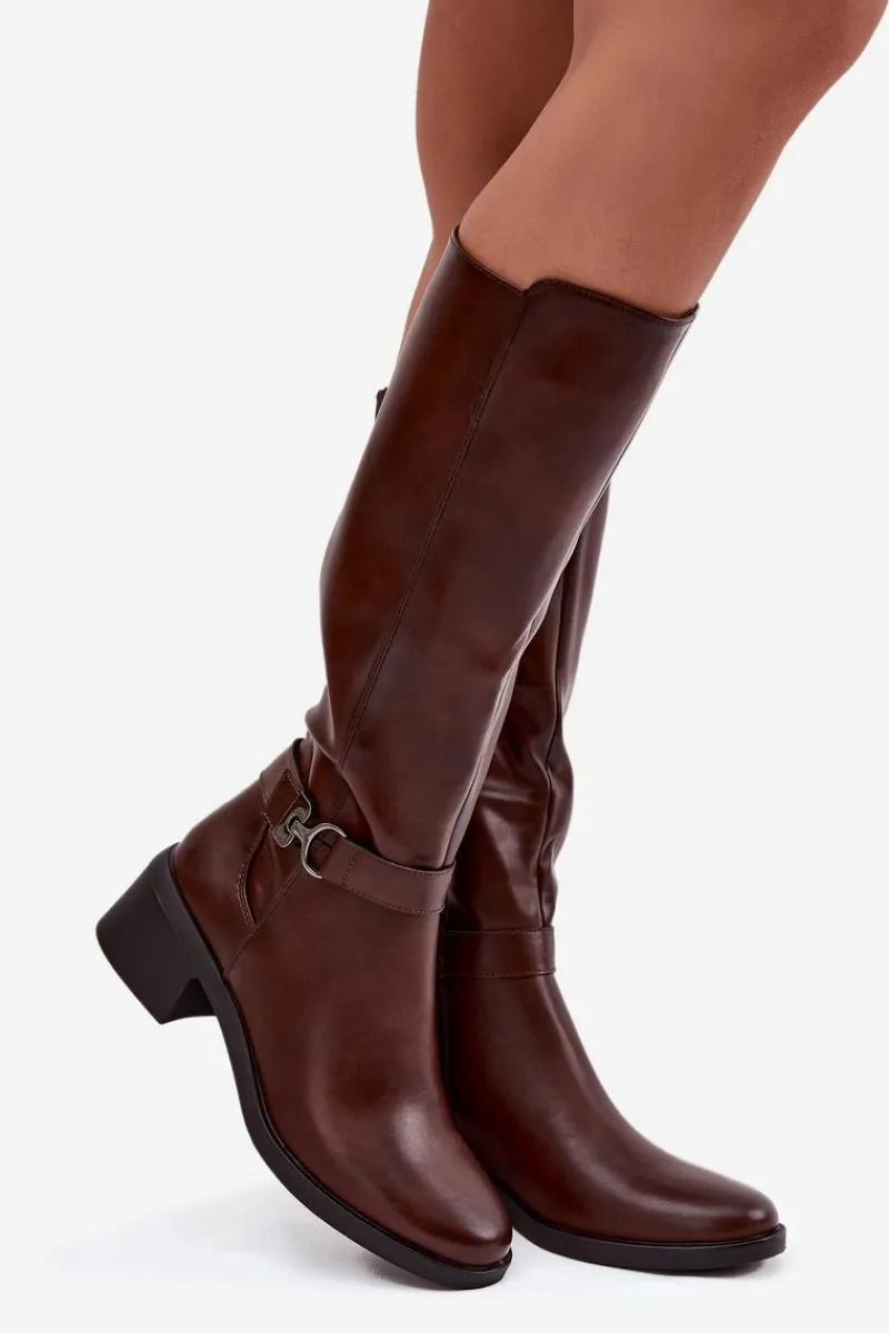 New Ocieplane Kozaki Damskie Na Klocku Z Paskiem Sergio Leone KZ25826 Brązowe Damskie Kozaki Przed Kolano|Kozaki Na Obcasie