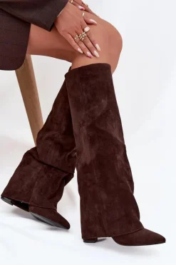 Kozaki Ocieplane|Kozaki Na Słupku>Boto Ocieplane Kozaki Damskie Z Wywiniętą Cholewką Na Słupku Eko Zamszowe Czekoladowe Elivira