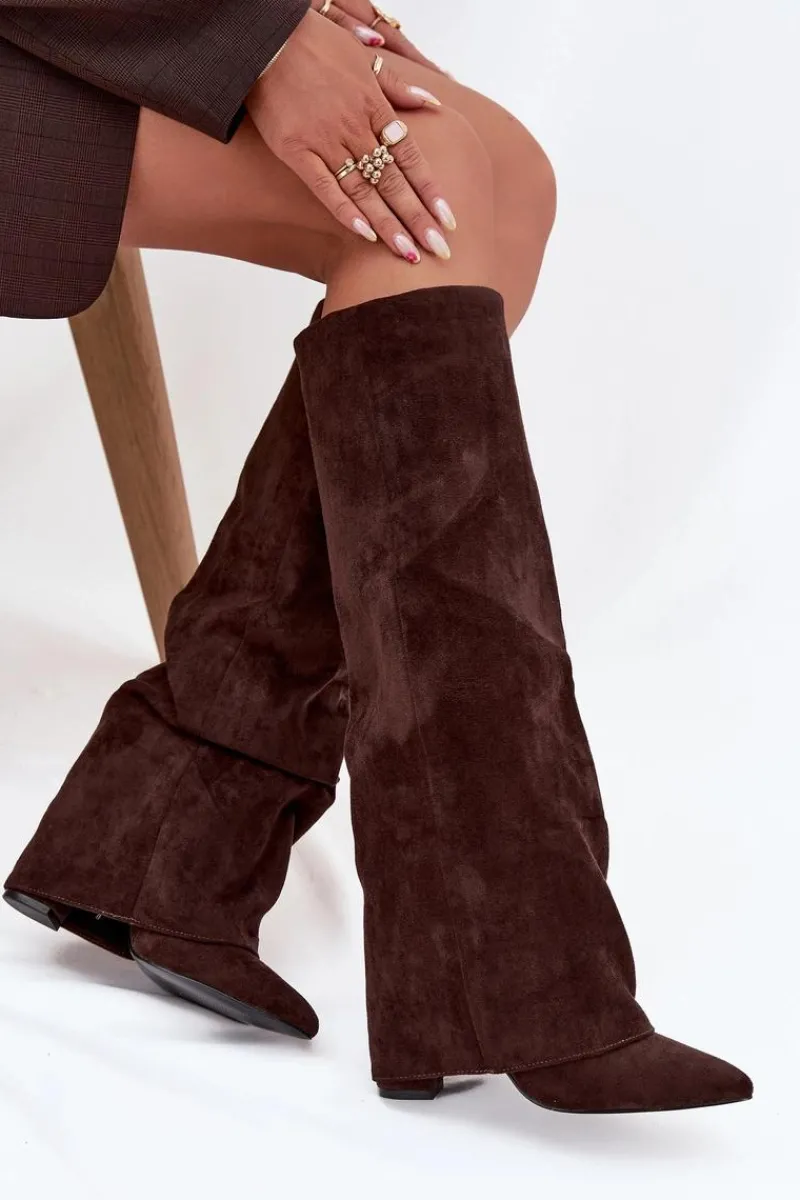 Kozaki Ocieplane|Kozaki Na Słupku>Boto Ocieplane Kozaki Damskie Z Wywiniętą Cholewką Na Słupku Eko Zamszowe Czekoladowe Elivira