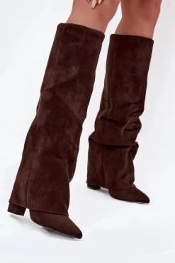 Kozaki Ocieplane|Kozaki Na Słupku>Boto Ocieplane Kozaki Damskie Z Wywiniętą Cholewką Na Słupku Eko Zamszowe Czekoladowe Elivira