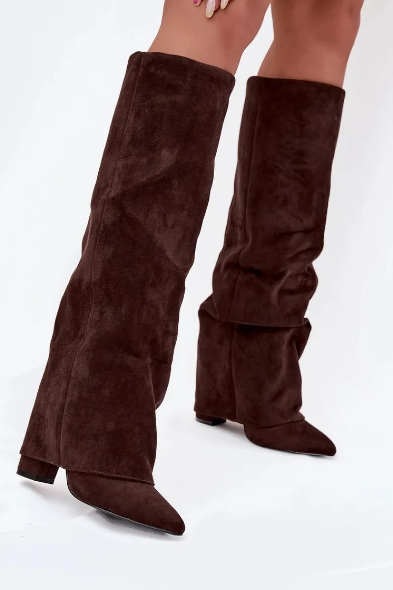 Kozaki Ocieplane|Kozaki Na Słupku>Boto Ocieplane Kozaki Damskie Z Wywiniętą Cholewką Na Słupku Eko Zamszowe Czekoladowe Elivira