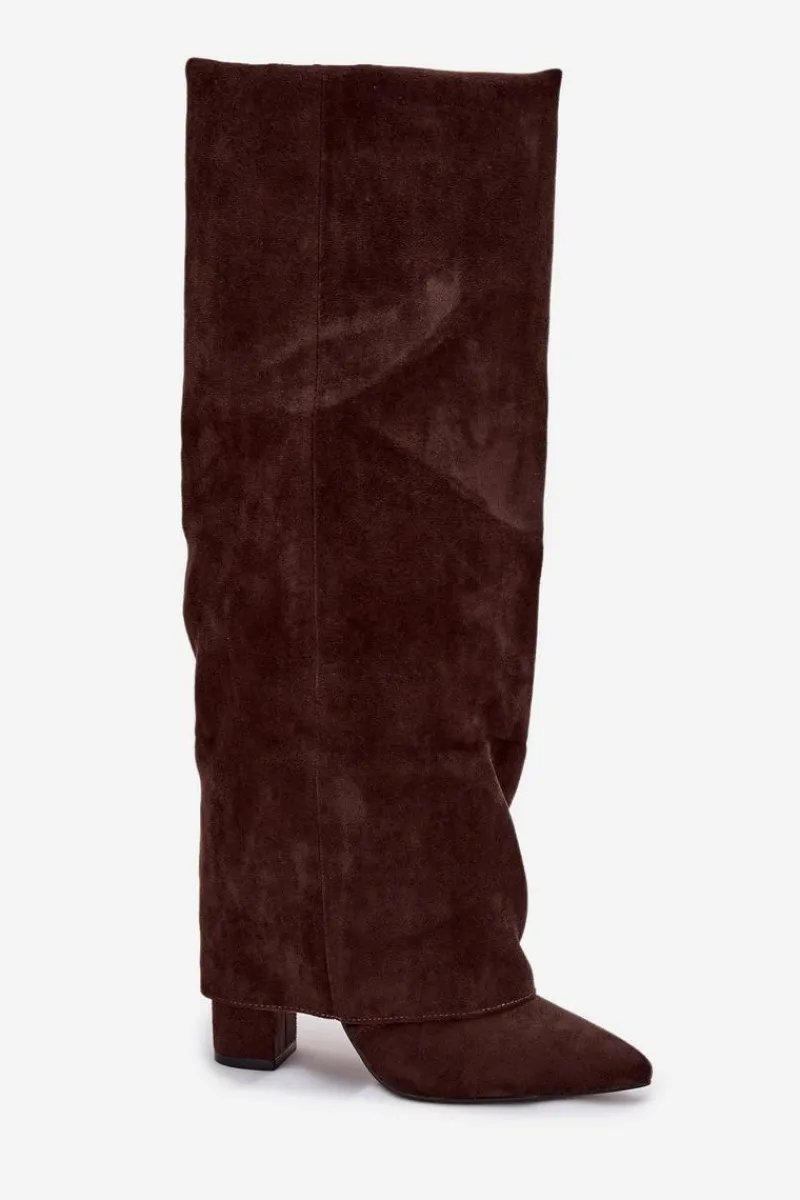 Kozaki Ocieplane|Kozaki Na Słupku>Boto Ocieplane Kozaki Damskie Z Wywiniętą Cholewką Na Słupku Eko Zamszowe Czekoladowe Elivira