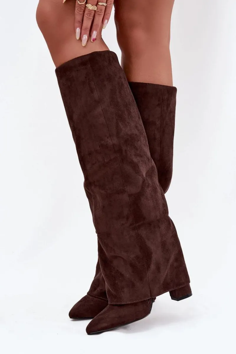 Kozaki Ocieplane|Kozaki Na Słupku>Boto Ocieplane Kozaki Damskie Z Wywiniętą Cholewką Na Słupku Eko Zamszowe Czekoladowe Elivira