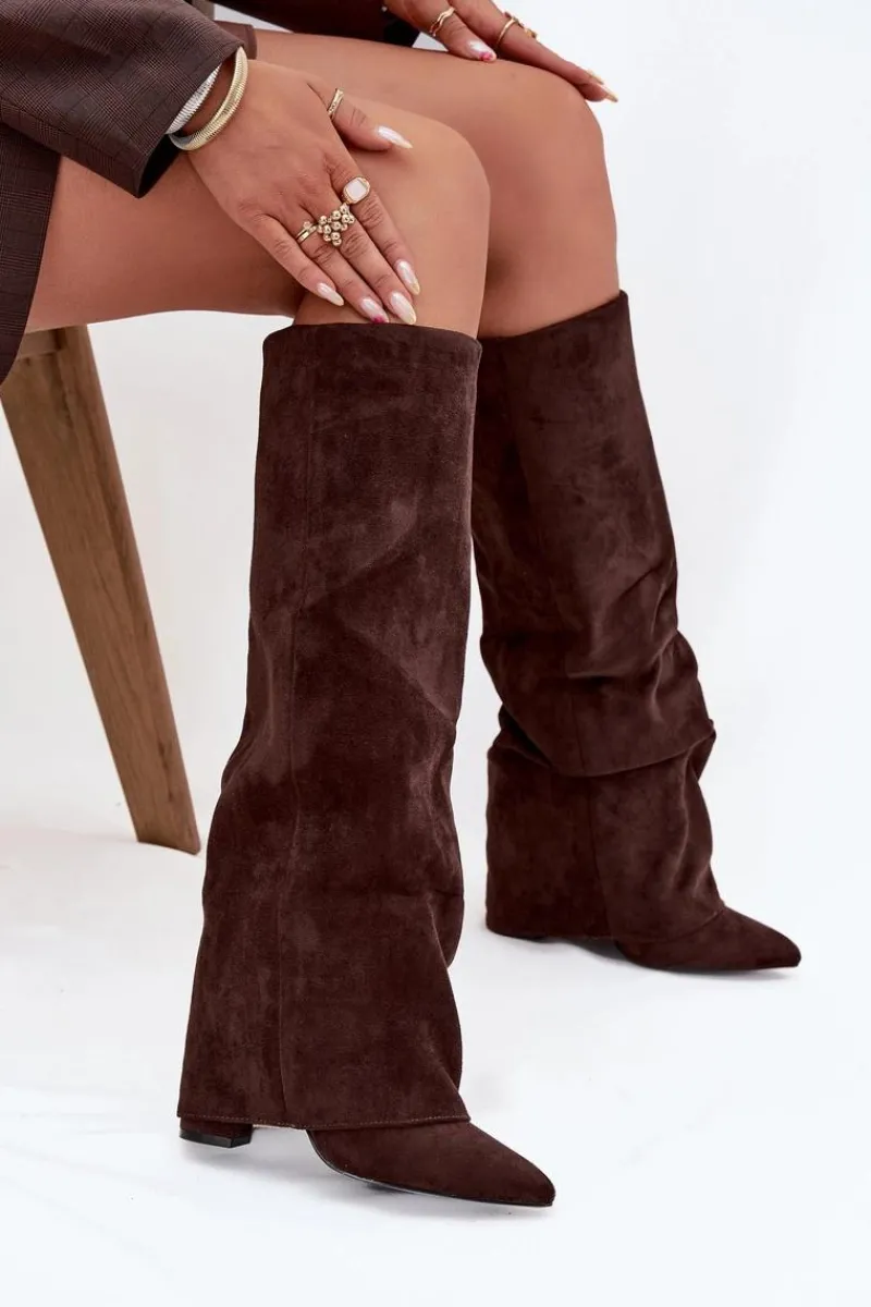 Kozaki Ocieplane|Kozaki Na Słupku>Boto Ocieplane Kozaki Damskie Z Wywiniętą Cholewką Na Słupku Eko Zamszowe Czekoladowe Elivira