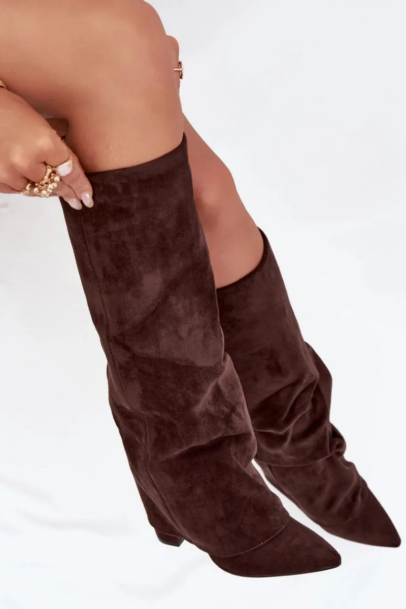 Kozaki Ocieplane|Kozaki Na Słupku>Boto Ocieplane Kozaki Damskie Z Wywiniętą Cholewką Na Słupku Eko Zamszowe Czekoladowe Elivira