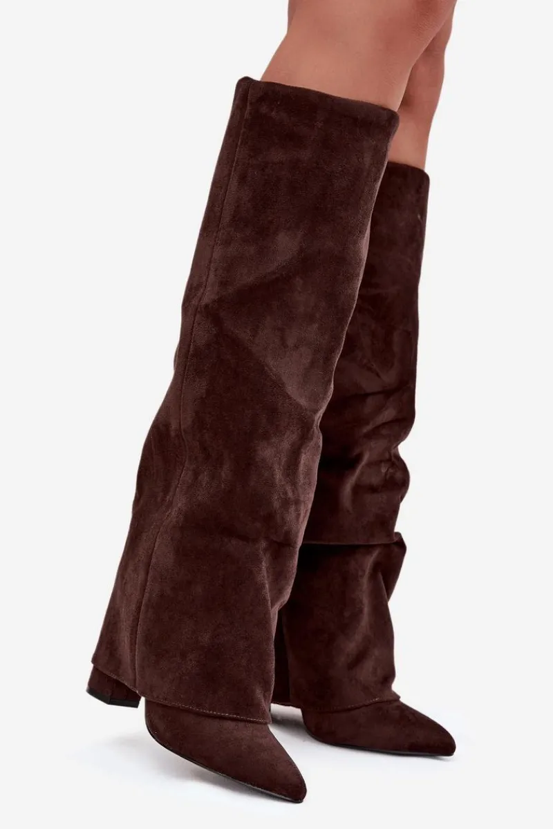 Kozaki Ocieplane|Kozaki Na Słupku>Boto Ocieplane Kozaki Damskie Z Wywiniętą Cholewką Na Słupku Eko Zamszowe Czekoladowe Elivira