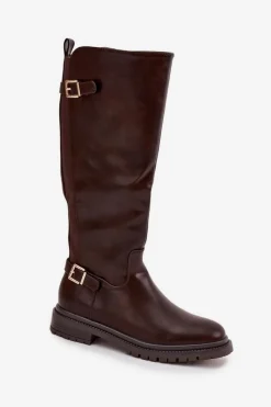 Kozaki Ocieplane|Kozaki Płaskie></noscript>Boto Ocieplane Kozaki Damskie Na Płaskim Obcasie Z Klamrami Czekoladowe Sarelle