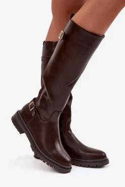 Kozaki Ocieplane|Kozaki Płaskie></noscript>Boto Ocieplane Kozaki Damskie Na Płaskim Obcasie Z Klamrami Czekoladowe Sarelle