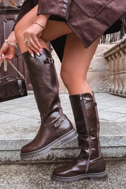 Kozaki Ocieplane|Kozaki Płaskie></noscript>Boto Ocieplane Kozaki Damskie Na Płaskim Obcasie Z Klamrami Czekoladowe Sarelle