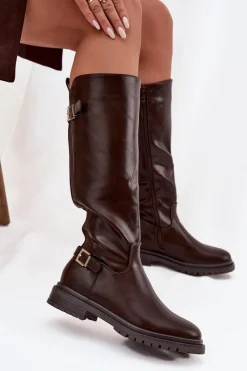 Kozaki Ocieplane|Kozaki Płaskie></noscript>Boto Ocieplane Kozaki Damskie Na Płaskim Obcasie Z Klamrami Czekoladowe Sarelle