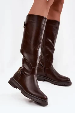 Kozaki Ocieplane|Kozaki Płaskie></noscript>Boto Ocieplane Kozaki Damskie Na Płaskim Obcasie Z Klamrami Czekoladowe Sarelle