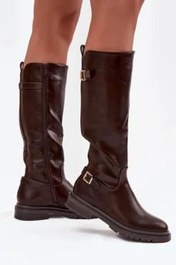 Kozaki Ocieplane|Kozaki Płaskie></noscript>Boto Ocieplane Kozaki Damskie Na Płaskim Obcasie Z Klamrami Czekoladowe Sarelle