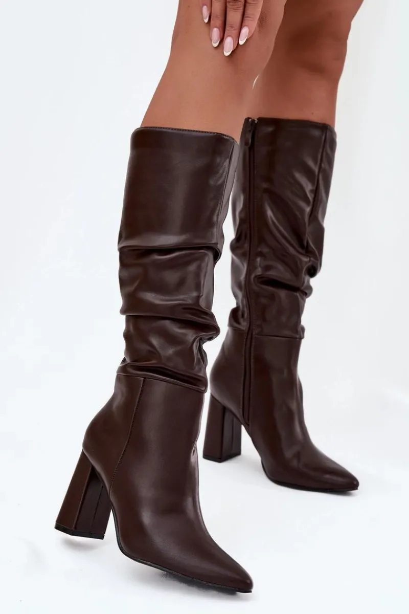 New Ocieplane Kozaki Damskie Na Słupku Z Marszczeniem Czekoladowe Dariane Damskie Kozaki Na Słupku|Kozaki Przed Kolano
