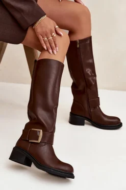 Kozaki Ocieplane|Kozaki Na Obcasie>Boto Ocieplane Kozaki Damskie Na Klocku Z Klamrą Czekoladowe Raphaela