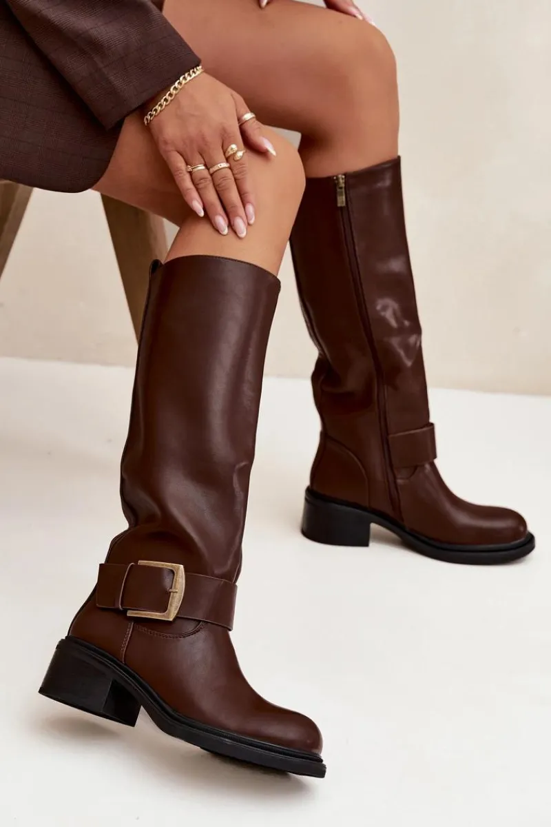 Kozaki Ocieplane|Kozaki Na Obcasie>Boto Ocieplane Kozaki Damskie Na Klocku Z Klamrą Czekoladowe Raphaela