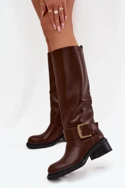 Kozaki Ocieplane|Kozaki Na Obcasie>Boto Ocieplane Kozaki Damskie Na Klocku Z Klamrą Czekoladowe Raphaela