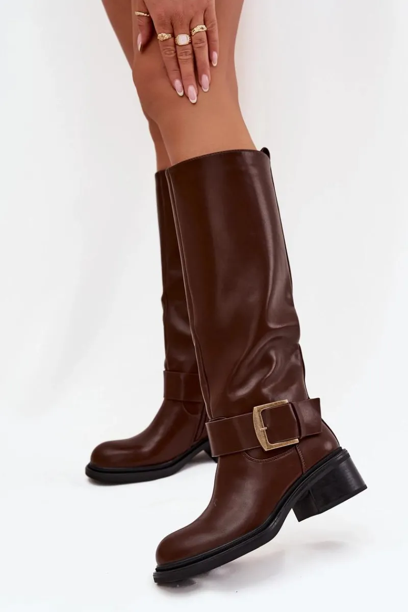 Kozaki Ocieplane|Kozaki Na Obcasie>Boto Ocieplane Kozaki Damskie Na Klocku Z Klamrą Czekoladowe Raphaela